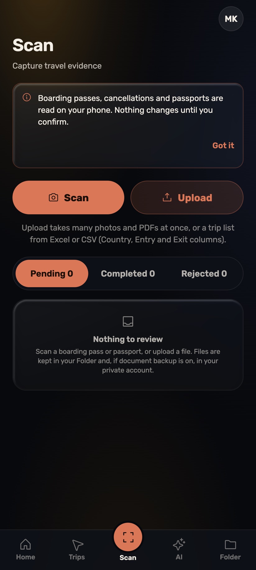 Scan: boarding passes, cancellations and passports are read on your phone; Scan and Upload buttons; the review queue