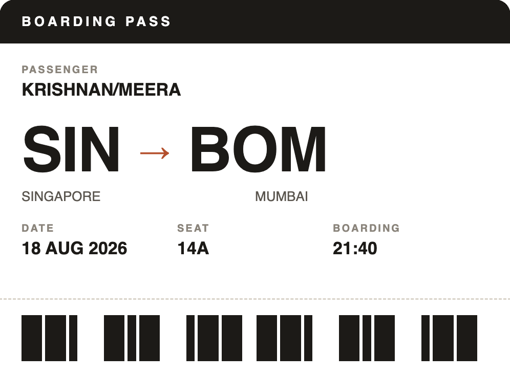A boarding pass, Singapore to Mumbai, 18 August 2026